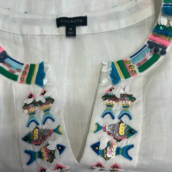 Talbots 100% Linen White Embroidered Fish  Shirt Bell Sleeves Size M - Picture 5 of 13